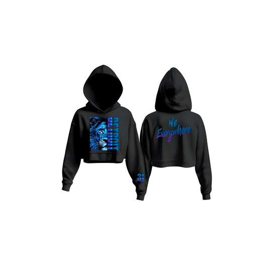 Detroit We Everywhere Women's Blue Lion Cropped Top Hoodie