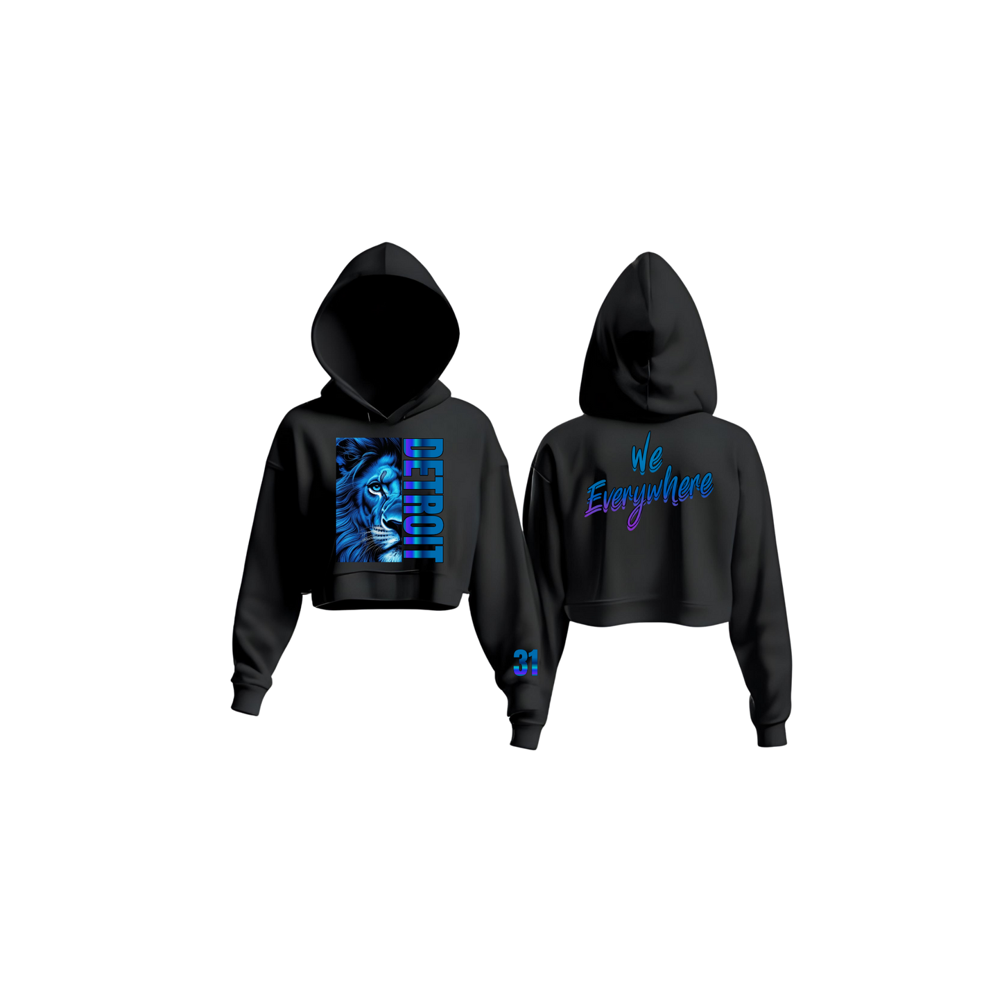 Detroit We Everywhere Women's Blue Lion Cropped Top Hoodie